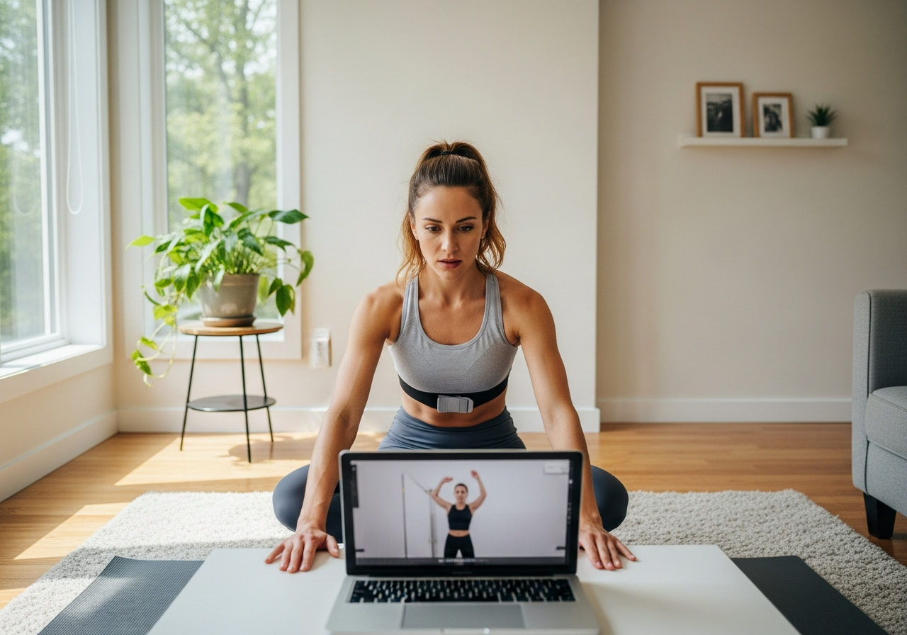 Женщина тренируется дома